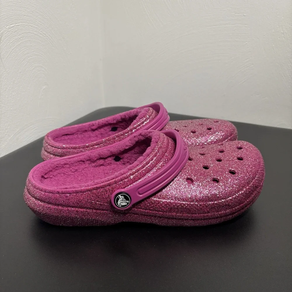 Crocs Classic Glitter Lined‎ Clogs Girls Sz 6 Fushia Pink